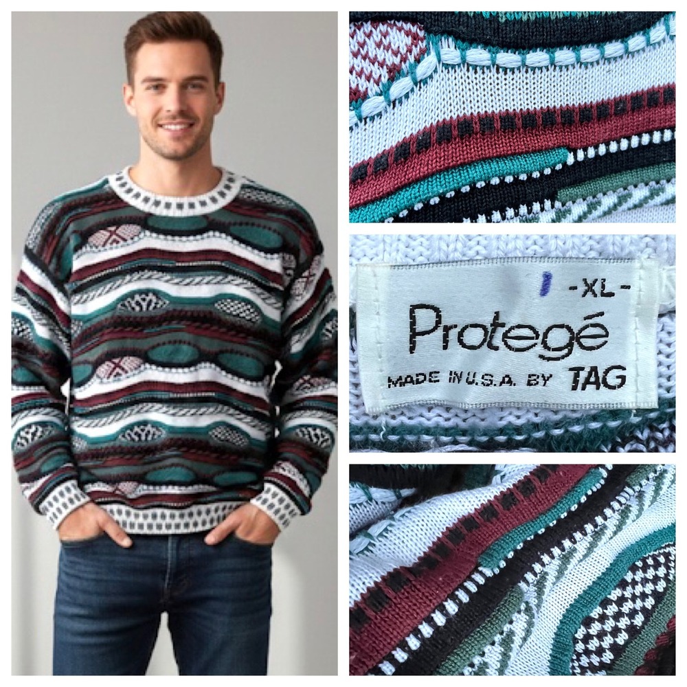 Protege Sweater Mens Large Abstract 3D Green 90's‎ Vintage Biggie Style USA Made